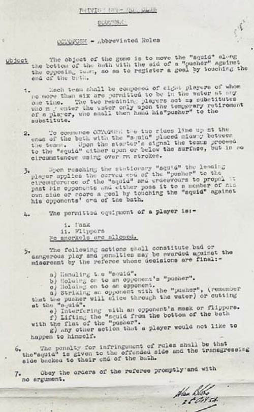 A víz alatti hoki első szabályai, 1954-ből, Alan Blake aláírásával hitelesítve