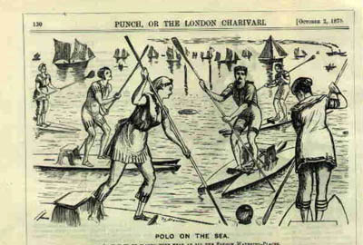 A kajakpóló őse 1875-ből. A kép a London Charivarl, 1875-ös, október 2-ai számában jelent meg