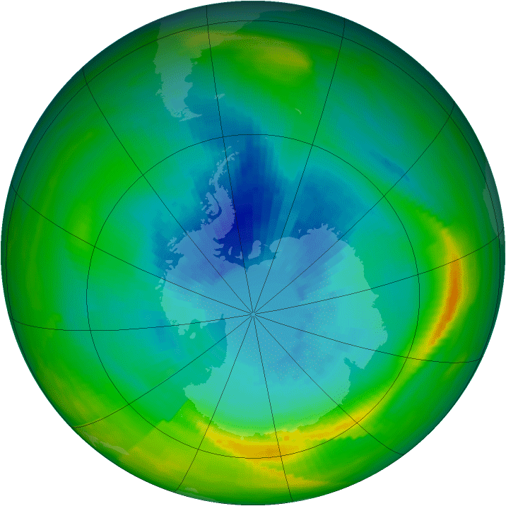 Az ózonréteg változása 1979 és 2010 között az Antarktisz felett. forrás: Earth Observatory
