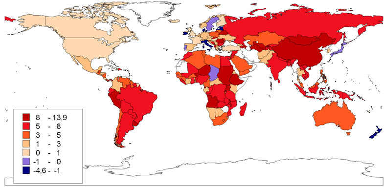 A GDP változása (%) a világ országaiban, 2008 (IMF adatai alapján szerk.: Pirisi G.)