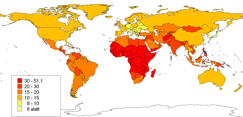 Születési ráta (ezrelék) a világ országaiban, 2010 (Forrás: CIA World Factbook alapján szerk.: Pirisi G.)