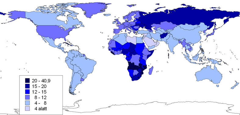 Halálozási ráta (ezrelék) a világ országaiban, 2010 (Forrás: CIA World Factbook alapján szerk.: Pirisi G.)