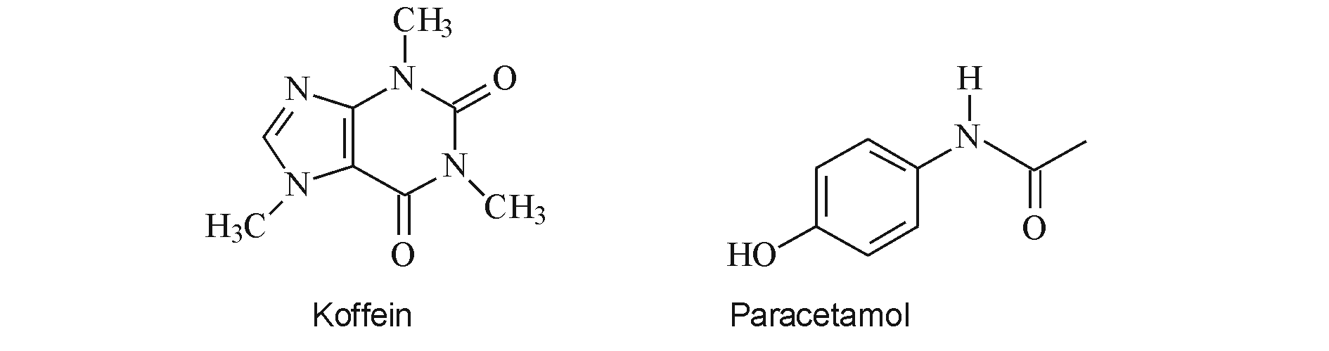 A koffein és paracetamol szerkezeti képlete