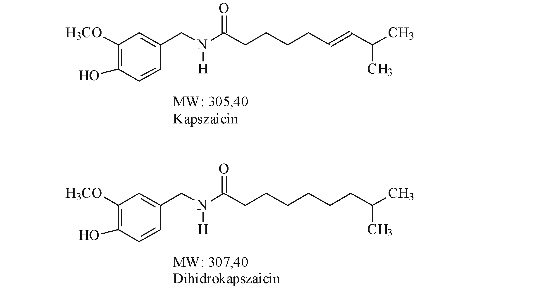 Kapszaicin és dihidrokapszaicin szerkezeti képlete