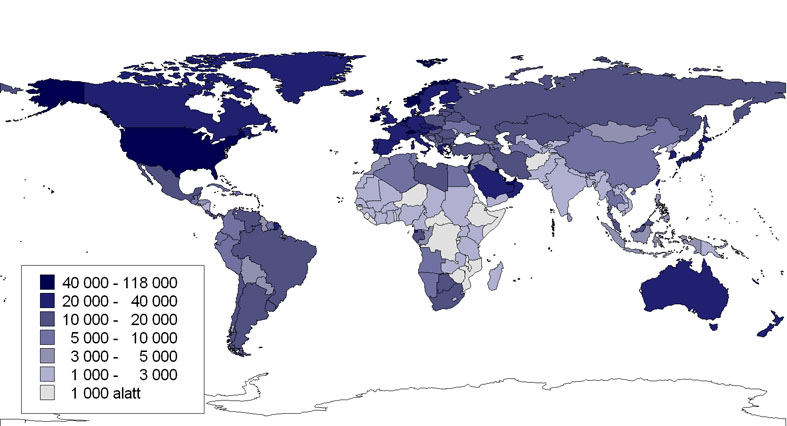 A világ országainak egy főre jutó GDP-je, USD, PPP, 2009 (Forrás: IMF adatai alapján szerk.: Pirisi G.)