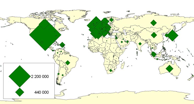A világ országainak működőtőke-importja (FDI-inflow), 2009, millió USD (Forrás: UNCTAD adatai alapján szerk.: Pirisi G.)