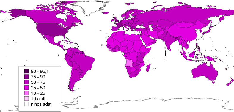 A tercier ágazattok súlya a világ országainak GDP-jében, %, 2009 (Forrás: CIA World Factbook alapján szerk.: Pirisi G.
