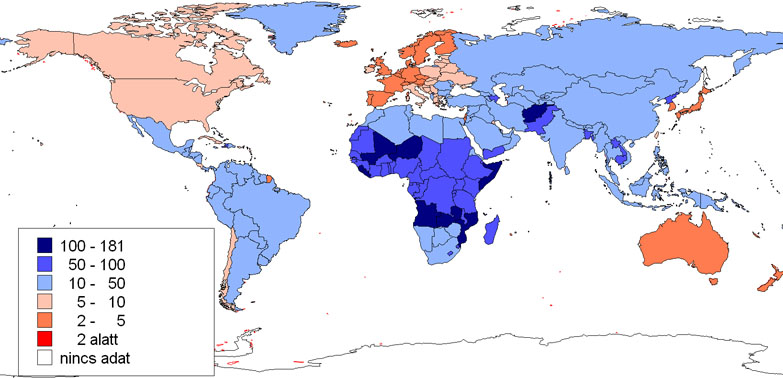 Csecsemőhalandóság a világ országaiban, ezrelék, 2009 (US Census Bureau adatai alapján szerk.: Pirisi G.)