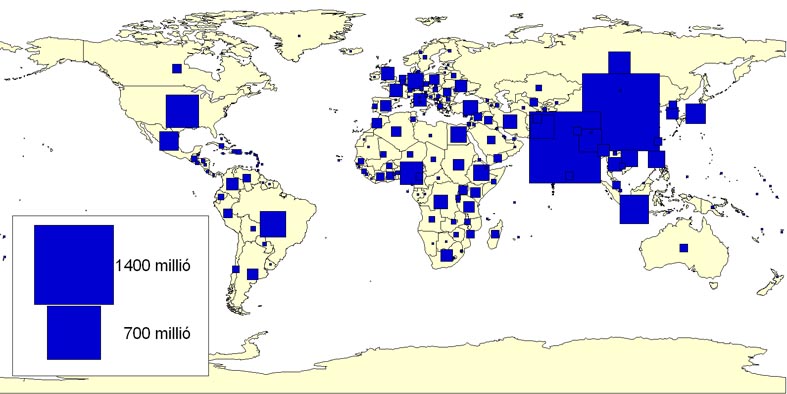 A világ országainak népessége 2009-ben (US Census Bureau adatai alapján szerk Pirisi G.)